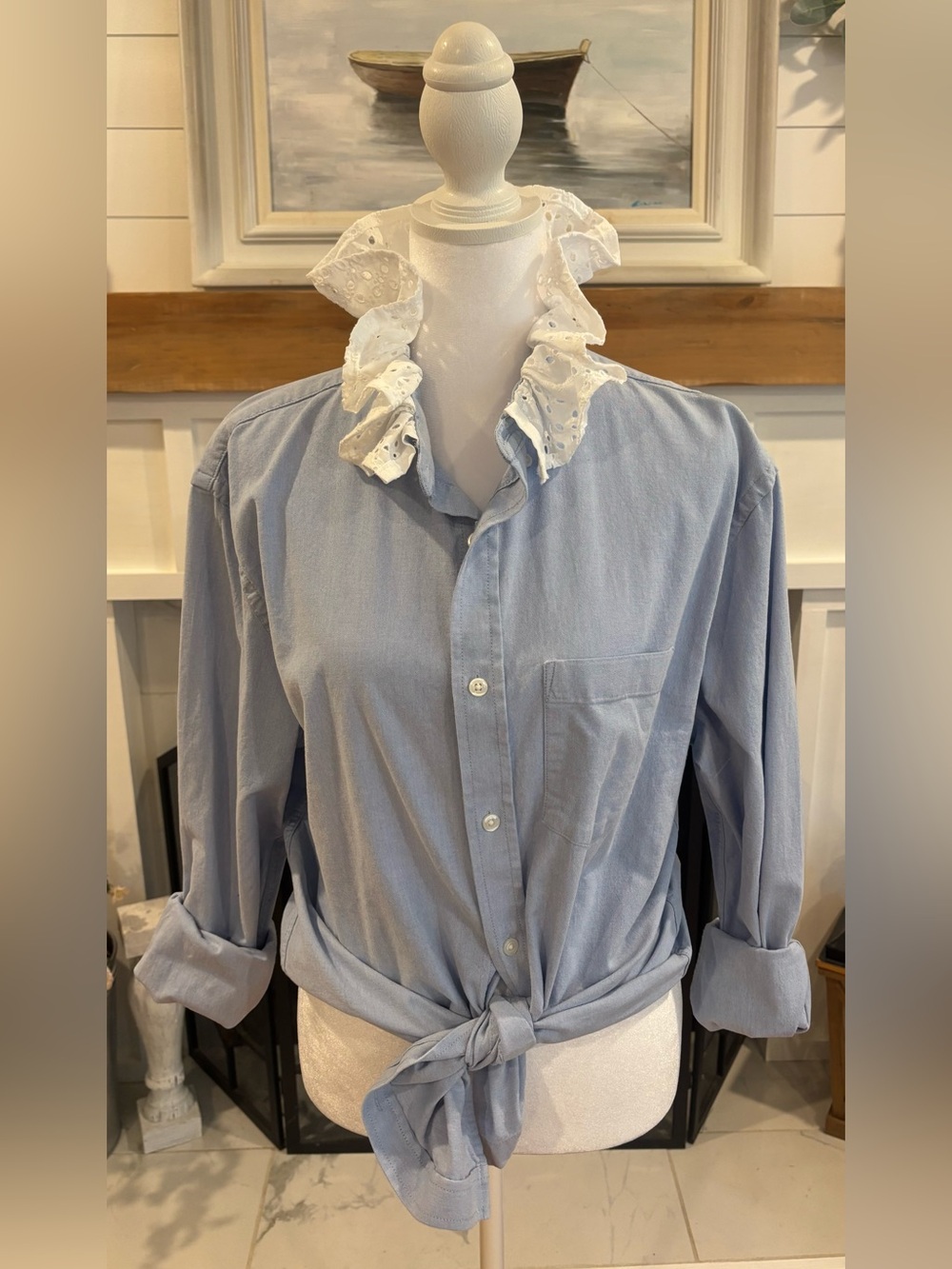 Custom upcycled blue & white eyelet button down ruffle collar shirt
